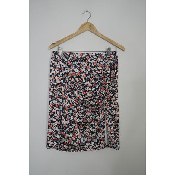 iris & ivy Dresses & Skirts - Floral Ruched Skirt‎ Women Large Navy Blue Side Slit Mini Skirt